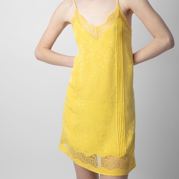 NWT Zadig & Voltaire Slip Dress Silk Lace Jacquard Leopard Print Sun Yellow Sz M - Picture 2 of 12